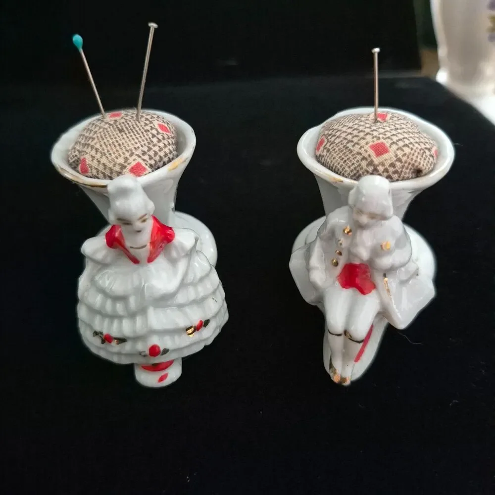 Vtg Set of 2 Porcelain Toothpick Holders Elegant Lady and Man Japan Pin Cushions